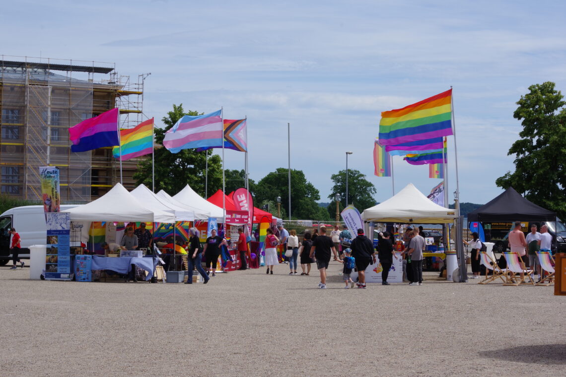 An early view of the CSD in Schwerin, with various stands displaying a variety of Pride flags.