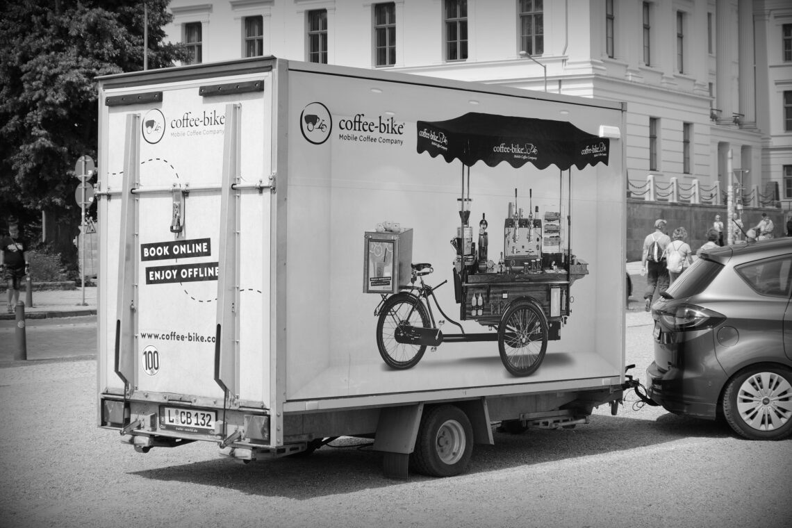 The Coffee-Bike being delivered inside a trailer in Schwerin.