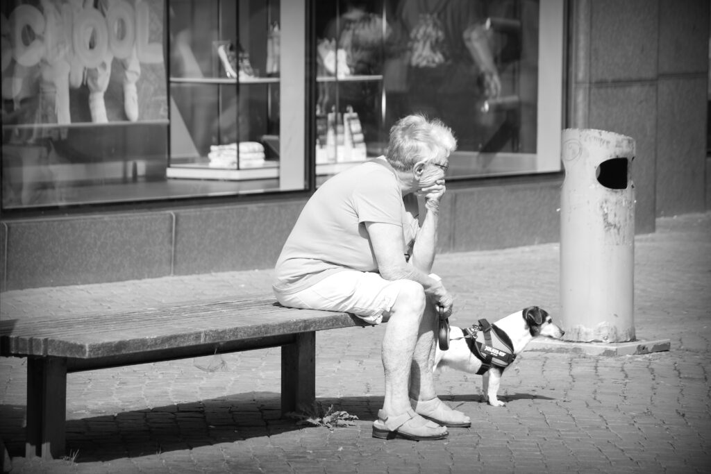 A woman with a dog sitting on a street bench in Braunschweig