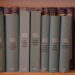 A non-symmetrical row of seven books, two of which are paperback, with blue-grey covers, titled on the side in white and black.